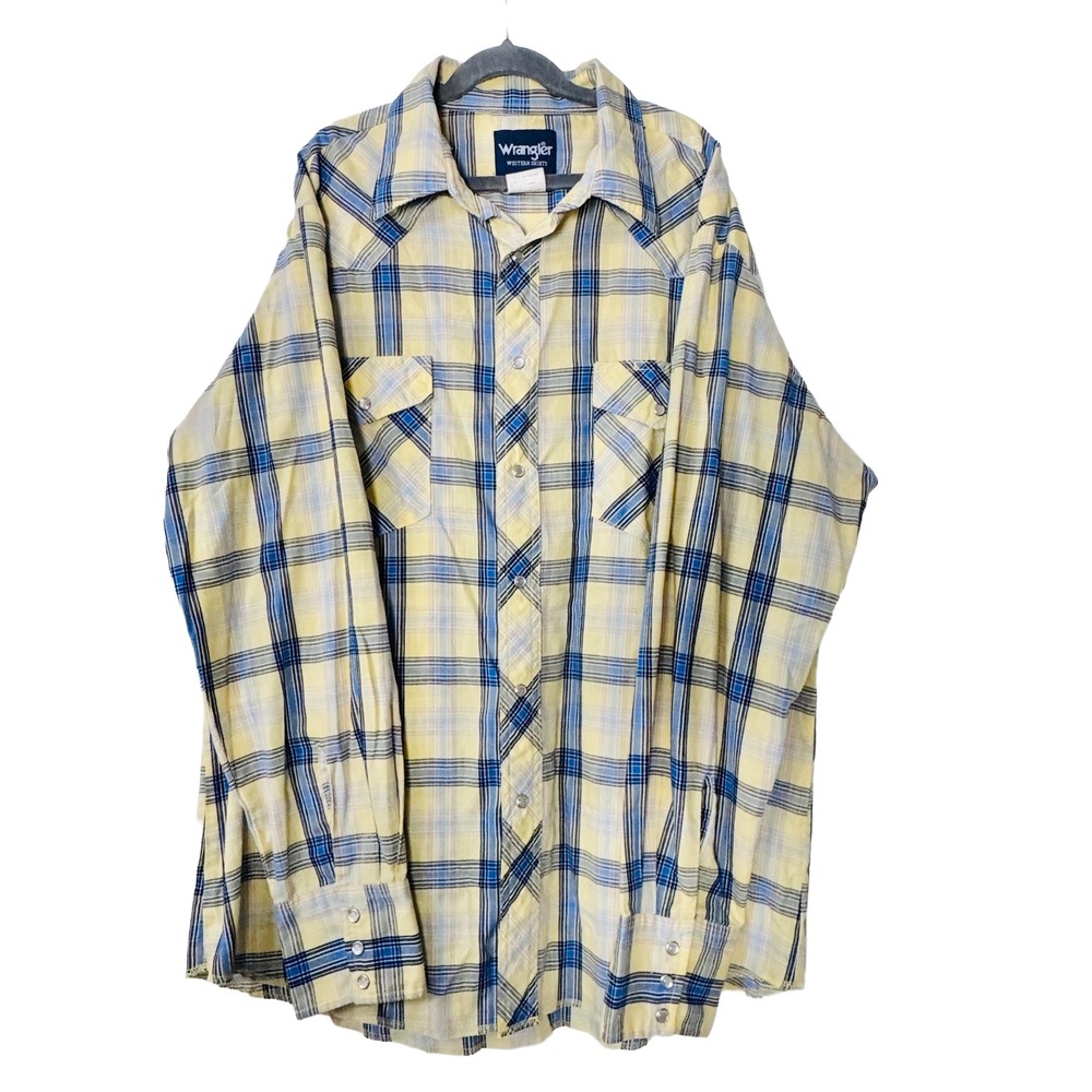 Wrangler Western Shirt Mens Sz L Yellow Blue Plaid Pearl Snap Cowboy Lightweight